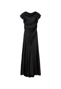 Zwarte satijnen jurk met een gedrapeerde halslijn, kapmouwen, een getailleerde bovenkant en een vloeiende rok. Gladde textuur met een subtiele glans.