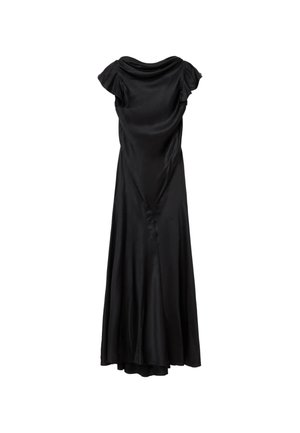 Robe en satin noir avec un décolleté drapé, des manches courtes, un corsage ajusté et une jupe fluide. Texture lisse avec un éclat subtil.