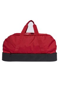Bolsa de lona roja con asas superiores dobles, base negra, forma redondeada, cierre de cremallera y sin patrones o detalles de hardware visibles.