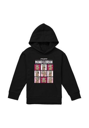 Black hoodie featuring nine illustrations of Baby Yoda in various poses from Star Wars: The Mandalorian.