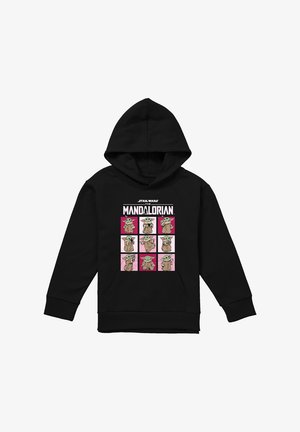 Schwarzer Hoodie mit neun Illustrationen von Baby Yoda in verschiedenen Posen aus Star Wars: The Mandalorian.