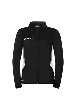 Veste de sport noire à fermeture éclair intégrale avec des panneaux latéraux blancs, manches longues, et logo "uhlsport" sur la poitrine gauche.