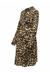 Vestido premamá de manga larga con estampado de leopardo, cintura con cordón y cuello corto, diseñado para brindar comodidad y estilo.