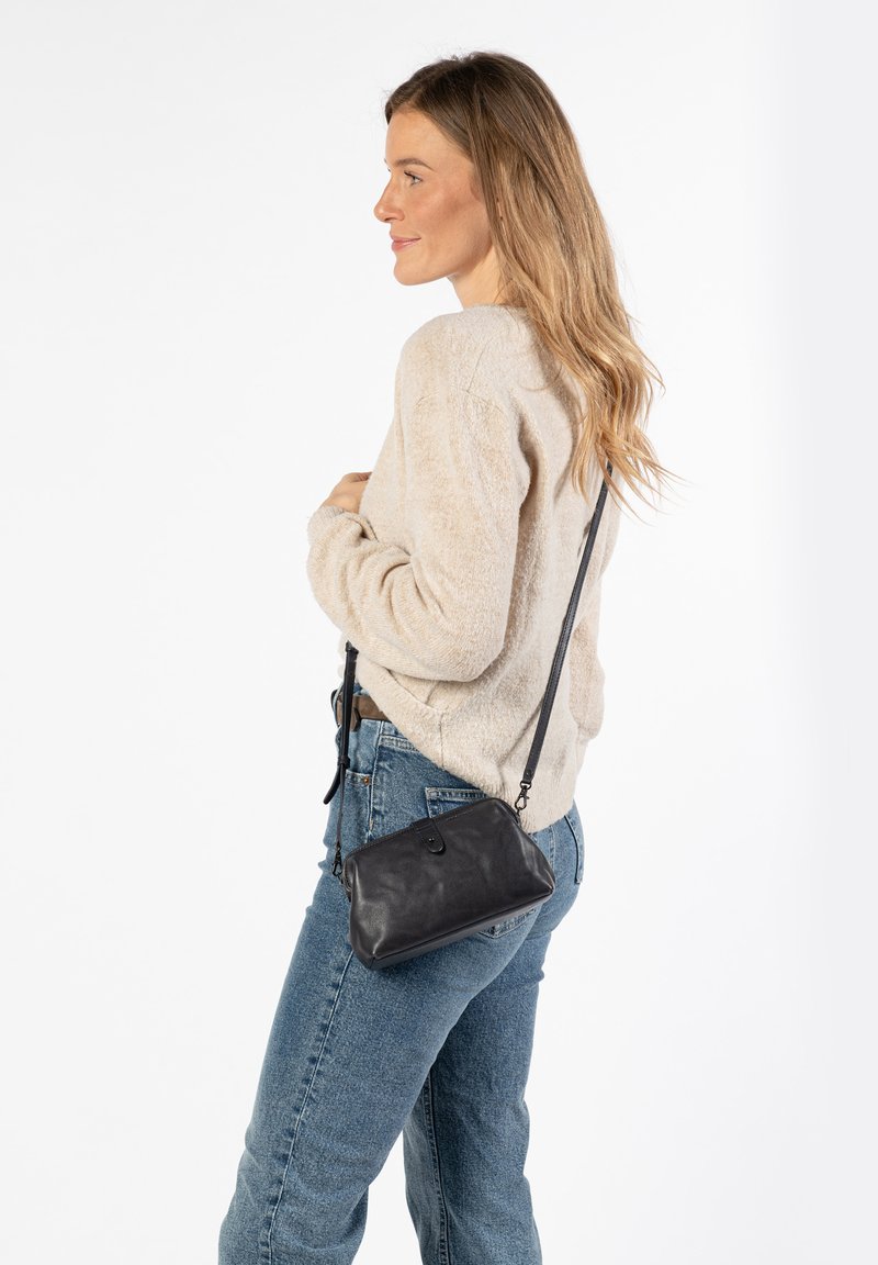 Schwarze Leder-Umhängetasche mit rechteckiger Form, Reißverschluss und verstellbarem Tragegurt, kombiniert mit einem beigen Pullover und blauen Jeans.