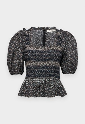 Schwarze Bluse mit Blumenmuster, gepufften Ärmeln, gerafftem Mieder und Rüschensaum. Verfügt über einen Reißverschlussverschluss auf der Rückseite und ein strukturiertes Stoffdesign.