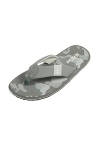 Gray flip-flop sandal featuring a camouflage pattern, textured footbed, and a fabric toe post with a logo accent on the strap.
