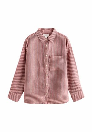 Rot-weißer gestreifter Langarmshirt mit Knopfleiste, Kragen und einer Brusttasche. Hergestellt aus einem weichen Stoff.