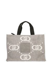 Borsa tote grigia con manici neri, motivi geometrici bianchi e un appliqué centrale con la scritta "LIU JO dal 1995" nella parte anteriore.