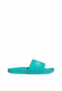 Teal slidesandal lavet af syntetisk materiale, med en bred rem med et logo og vandrette riller for designaccentuer. Flad sål.