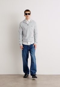 Lys grå hettejakke med glidelås, hvit skjorte med krage under, blå jeans, svarte sko og solbriller. Enkelt design med minimal merking.