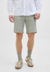 Valkoiset khaki-shortsit käännetyillä lahkeilla, valmistettu pehmeästä kankaasta. Yhdistetty beigeihin tennareihin ja vaaleanharmaisiin sukkiin. Valkoinen nappikauluspaita pidetty hulvattomasti.