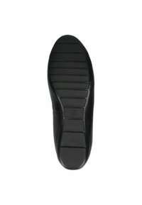 Suela de zapato de goma negra con un agarre texturizado y estrías horizontales, con puntera redondeada y diseño de tacón ligeramente elevado.