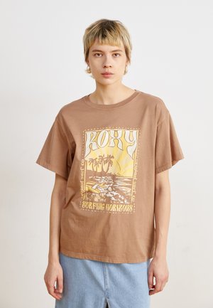 Brown cotton t-shirt featuring a graphic print with palm trees and a sunset illustration. Relaxed fit with short sleeves and a crew neckline.