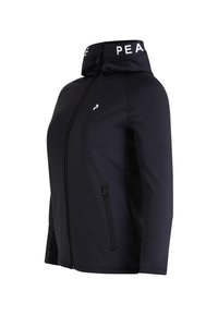 Sort zip-up jakke med høj krave og hvid skrift. Lavet af glat stof med sidelommer med lynlås og en tætsiddende pasform.