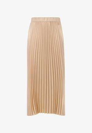 Plisowana spódnica midi w delikatnym beżu, z subtelnym połyskiem, elastycznym paskiem w talii oraz dekoracyjnymi guzikami po boku.