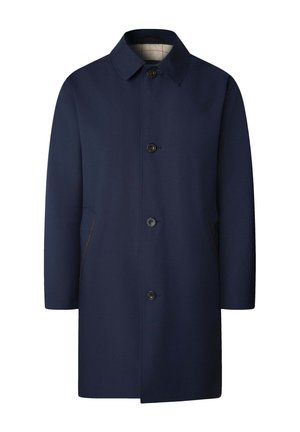 Marineblauwe wolmix jas met een puntkraag, een enkele rij knopen, vijf knopen, twee schuin geplaatste zakken en een gestructureerde binnenvoering.
