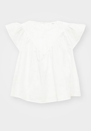 Witte katoenen blouse met fladdermouwen, V-hals en subtiel textuur met bloemenpatroon, met een losse pasvorm en geraffineerde details.