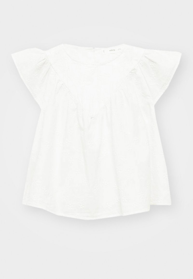 Blusa bianca in cotone con maniche a sbuffo, scollo a V e delicato motivo floreale testurizzato, caratterizzata da una vestibilità ampia e dettagli arricciati.