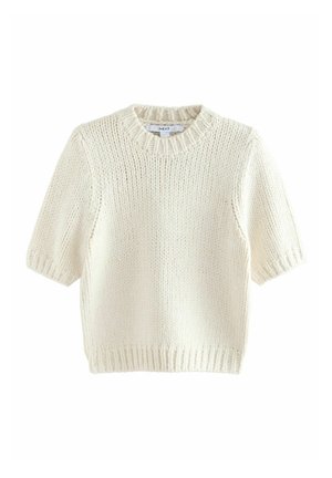 Pull crème à manches courtes avec un col rond, texture tricotée et détails de ourlet côtelé. Fabriqué en matériau de fil doux.