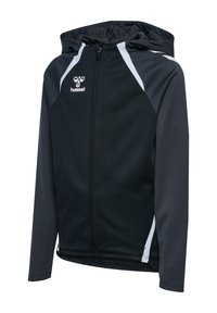 Zwart en donkergrijs sportjack met ritssluiting en capuchon, witte accenten op schouders en zijkanten, en een wit hummel-logo op de borst.