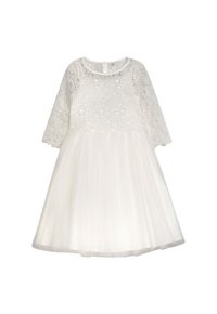 Weißes Kleid mit einem Spitzenoberteil mit Blumenmustern, einem Tüllrock und dreiviertellangen Ärmeln. Rundhalsausschnitt und Reißverschluss am Rücken.