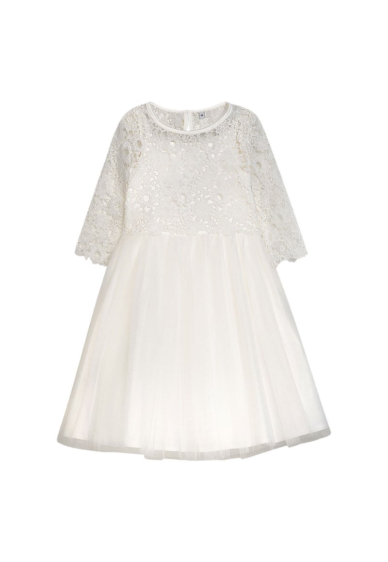 Weißes Kleid mit einem Spitzenoberteil mit Blumenmustern, einem Tüllrock und dreiviertellangen Ärmeln. Rundhalsausschnitt und Reißverschluss am Rücken.