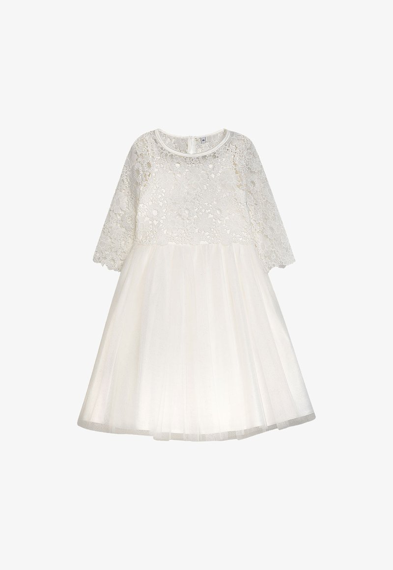 Weißes Kleid mit einem Spitzenoberteil mit Blumenmustern, einem Tüllrock und dreiviertellangen Ärmeln. Rundhalsausschnitt und Reißverschluss am Rücken.