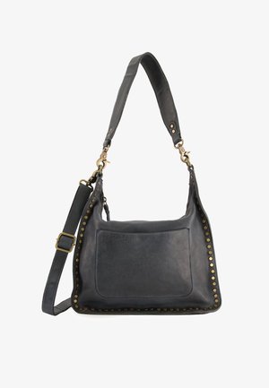 Lederhandtasche in Dunkelgrau mit strukturiertem Design, mit Messingnietenakzenten entlang der Kanten und einem abnehmbaren Schultergurt.