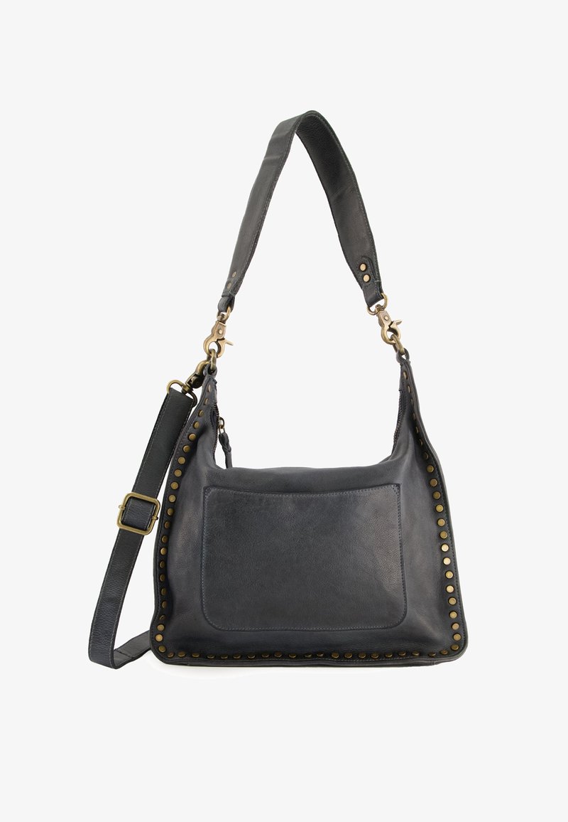 Leather handbag in dark gray with a structured shape, featuring brass stud accents along the edges and a detachable shoulder strap.