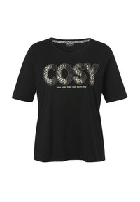 Schwarzes T-Shirt mit kurzen Ärmeln und "COSY" in Leopardenmuster. Darunter der Text "Nimm dir Zeit und genieße das Leben". Weiches Baumwollmaterial. Rundhalsausschnitt.