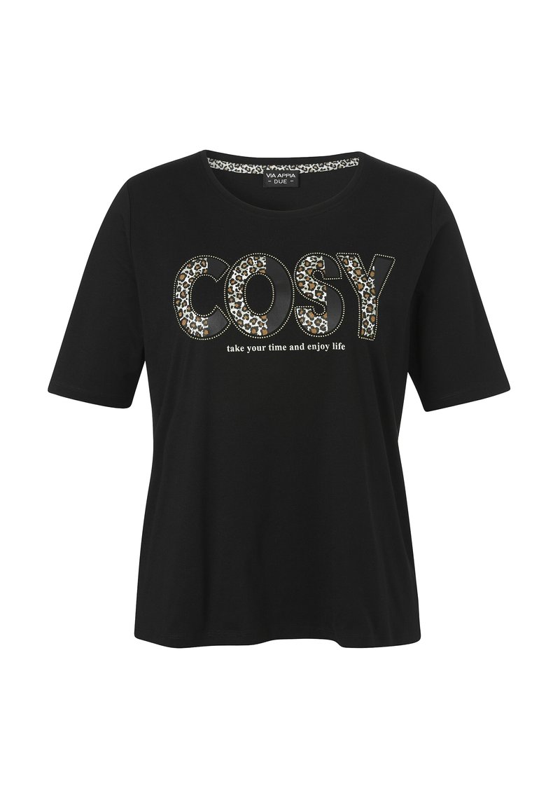 Schwarzes T-Shirt mit kurzen Ärmeln und "COSY" in Leopardenmuster. Darunter der Text "Nimm dir Zeit und genieße das Leben". Weiches Baumwollmaterial. Rundhalsausschnitt.