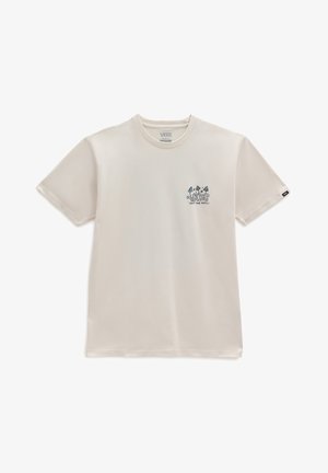 Koszulka Vans w kolorze off-white z krótkim rękawem, małym logo i grafiką grzyba na lewej piersi, z okrągłym dekoltem i metką na lewym rękawie.