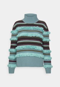 Raidallinen neulepaita, jossa on korkeakaulus, teksturoidut turkoosit hapsut sekä vaihtelevia petroolin, ruskean ja viininpunaisen sävyjä, resorireunukset helmassa ja hihoissa.