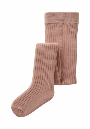 Rose-colored, ribbed socks laid flat; one sock upright beside the other, showcasing texture and color. Suitable for casual or dressy wear.