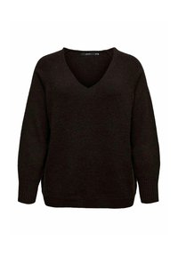 Donkerbruin gebreid sweater met lange mouwen, V-hals en geribde mouwen en zoom.