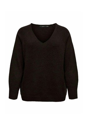 Tumši brūna garo piedurkņu adīta džemperis ar V-veida kaklu un ribotām piedurkņu un apakšmalas malām.