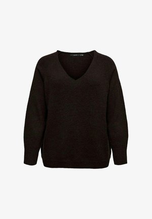 Tamno smeđi pleteni pulover dugih rukava s V-izrezom i rebrastim manžetama i rubom.