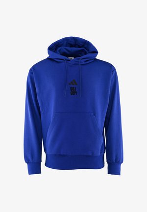 Sudadera con capucha azul de Adidas con bolsillo tipo canguro en el frente, capucha con cordón, logo de Adidas en negro y texto "S04" en el pecho.