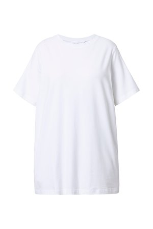 Schlichtes weißes T-Shirt mit kurzen Ärmeln und Rundhalsausschnitt in entspannter, leicht oversized Passform.