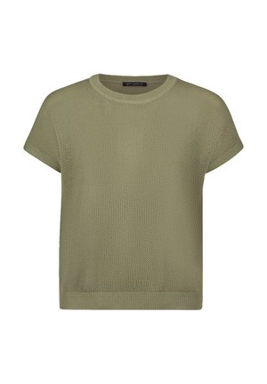 Olivengroen gebreide top met korte mouwen, ronde hals, gestructureerde stof en geribbelde zoomdetails. Casual pasvorm met een losse, ademende uitstraling.