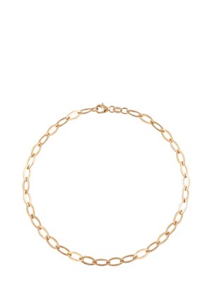 Dünne goldene Halskette mit ovalen Gliedern und einem Karabinerverschluss auf weißem Hintergrund.