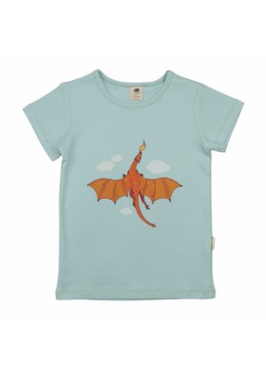 Light blue T-shirt with short sleeves featuring an orange dragon breathing fire, flying among three white clouds.