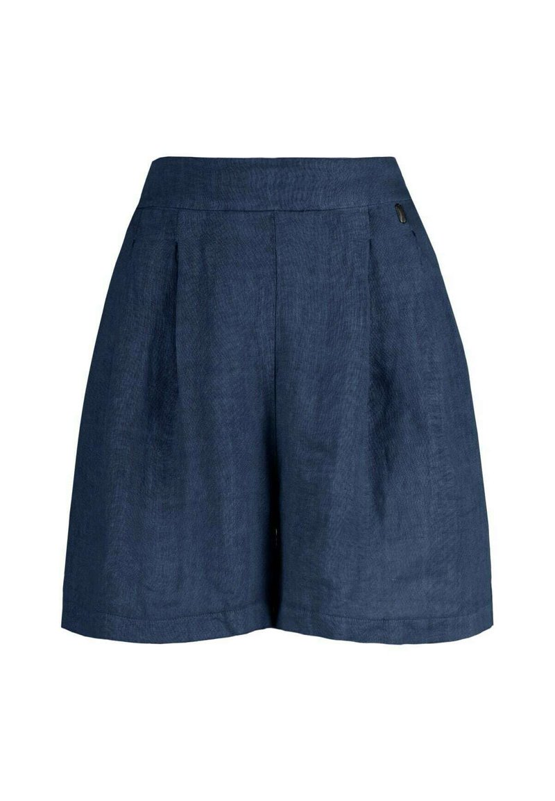 Pantaloni corti in lino blu navy con vita alta, pieghe davanti e tasche laterali sottili. Caratterizzati da un design minimalista e una consistenza liscia.