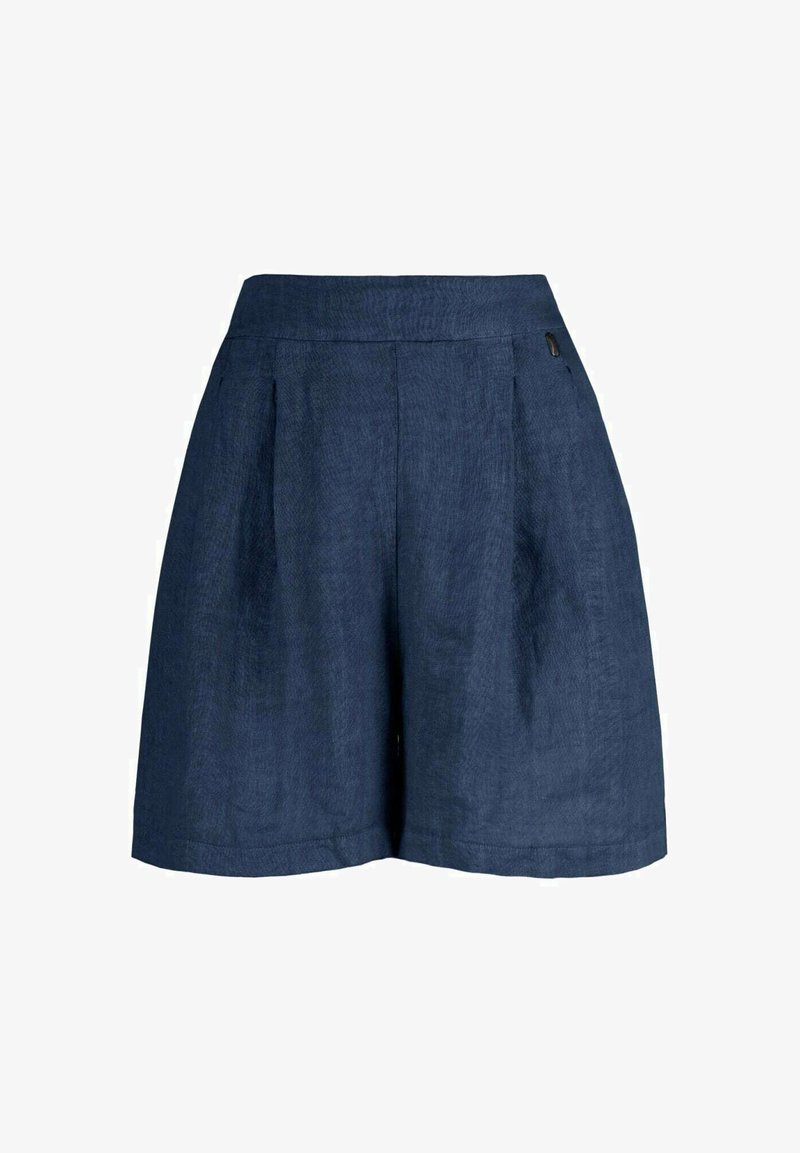 Pantaloni corti in lino blu navy con vita alta, pieghe davanti e tasche laterali sottili. Caratterizzati da un design minimalista e una consistenza liscia.