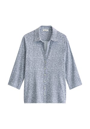 Jasnoniebieska koszula na guziki z małym ciemnym kwiatowym wzorem i rękawami do trzy czwarte, kołnierzykiem oraz metką Marc O'Polo wewnątrz kołnierza.
