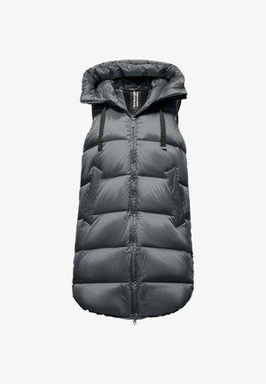 Gilet imbottito grigio lungo con cappuccio, dotato di chiusura con cerniera, due tasche laterali e sezioni trapuntate orizzontali per l'isolamento.