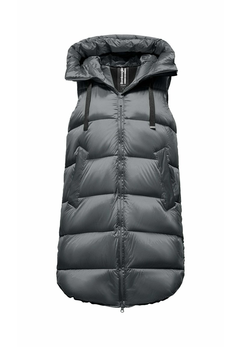 Lange grijze puffer gilet met een capuchon, voorzien van een ritssluiting aan de voorkant, twee zijzakken en horizontaal gestikte vakken voor isolatie.