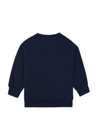 Felpa blu navy con maniche lunghe e svasate e orlo a costine. Realizzata in tessuto morbido, presenta un colletto tondo e un design semplice.