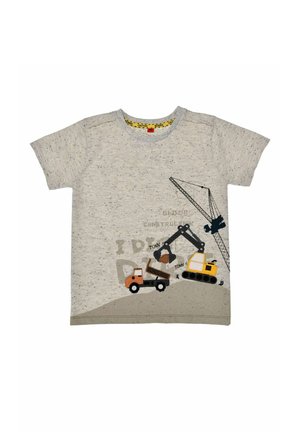 Light gray speckled short-sleeve shirt with printed yellow excavator loading dirt into an orange dump truck on a beige hill.