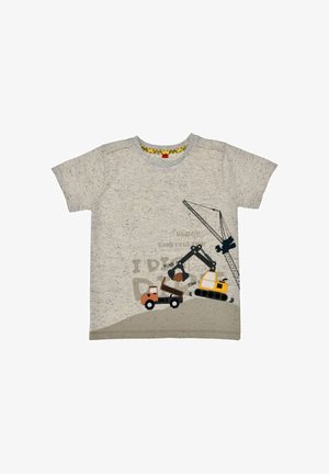 Light gray speckled short-sleeve shirt with printed yellow excavator loading dirt into an orange dump truck on a beige hill.